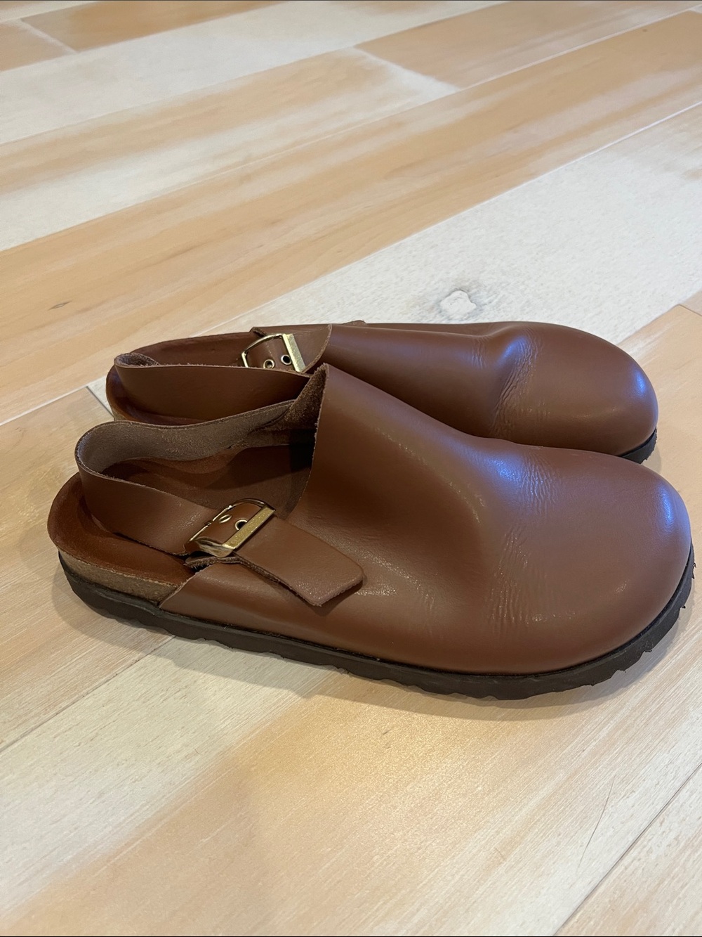 Women's Brown Leather Slingback Clog with Gold Buckle